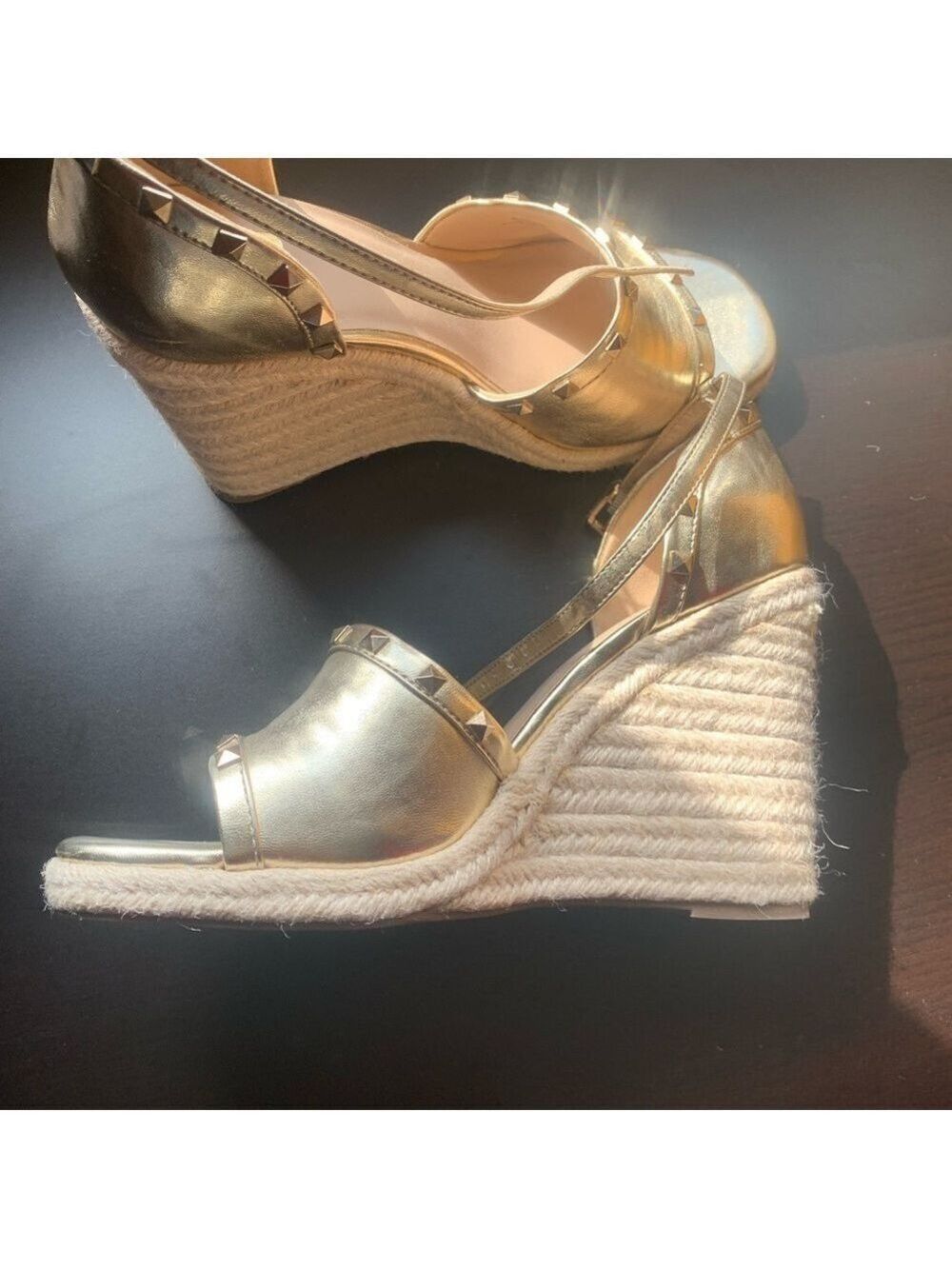 Shimmering Gold Wedge Sandals with Adjustable Ankle Strap